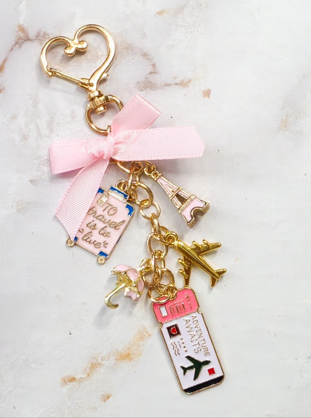 Coquette Travel Keychain Pink Bow Airplane Eiffel Tower Charm Bag Charm - Picture 4 of 7